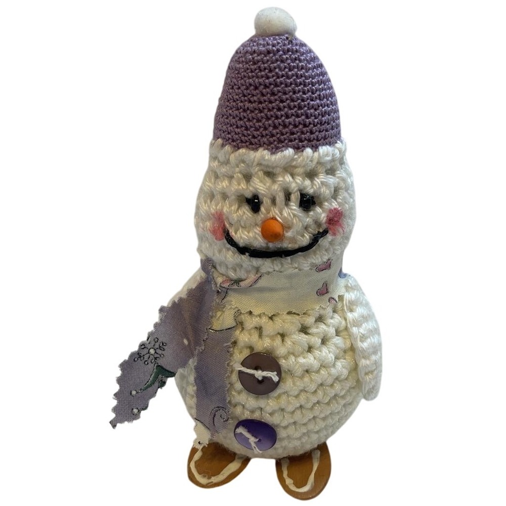 Vintage Handmade Crochet‎ snowman with purple hat & scarf approx 6 1/2"